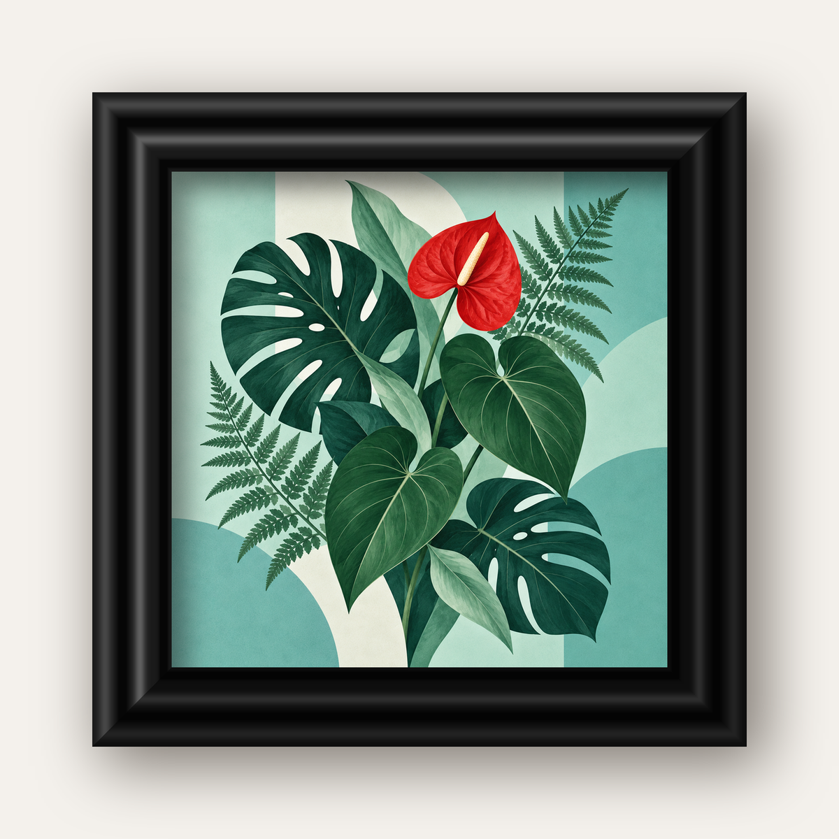 Kırmızı Antoryum ve Monstera Modern Botanik Poster — siyah galeri çerçeveli