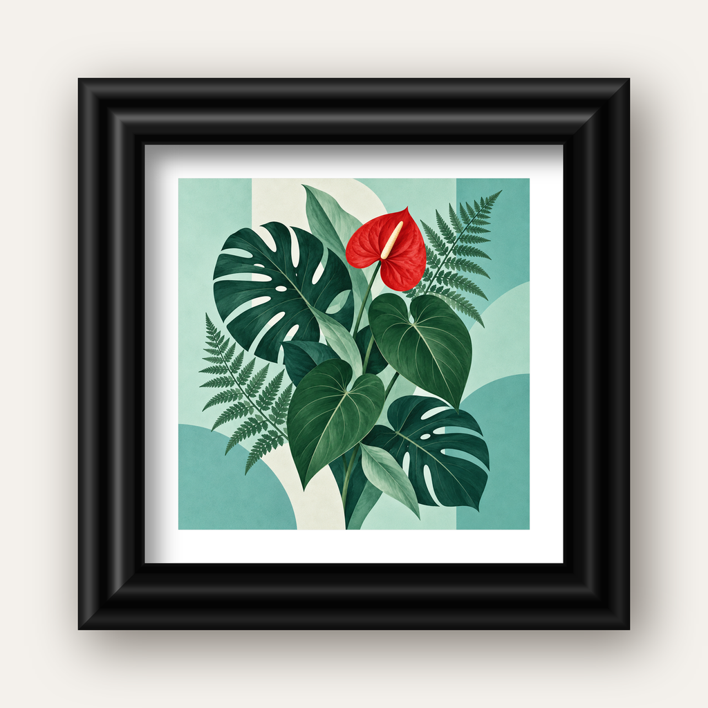 Kırmızı Antoryum ve Monstera Modern Botanik Poster — siyah galeri çerçeveli paspartulu