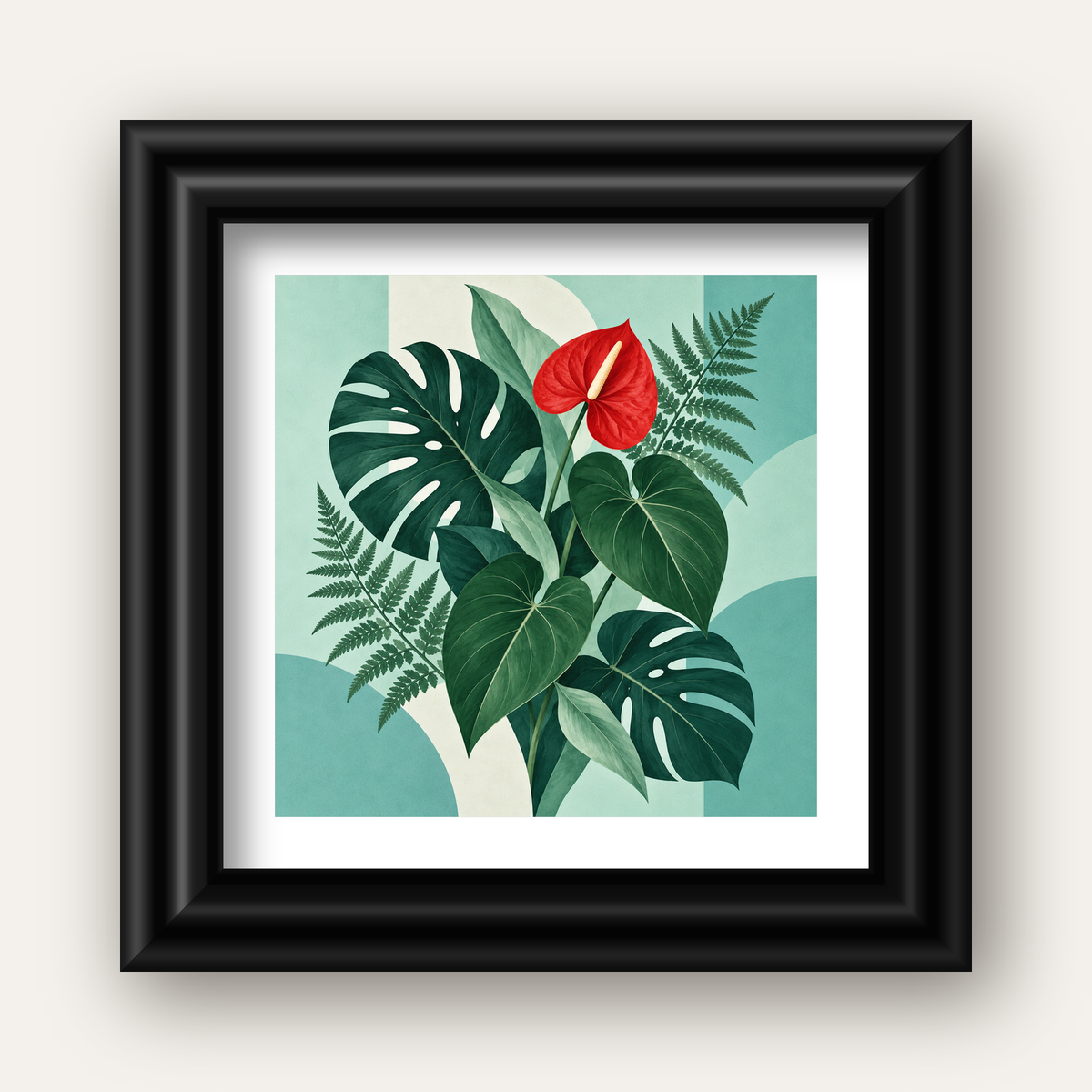 Kırmızı Antoryum ve Monstera Modern Botanik Poster — siyah galeri çerçeveli paspartulu