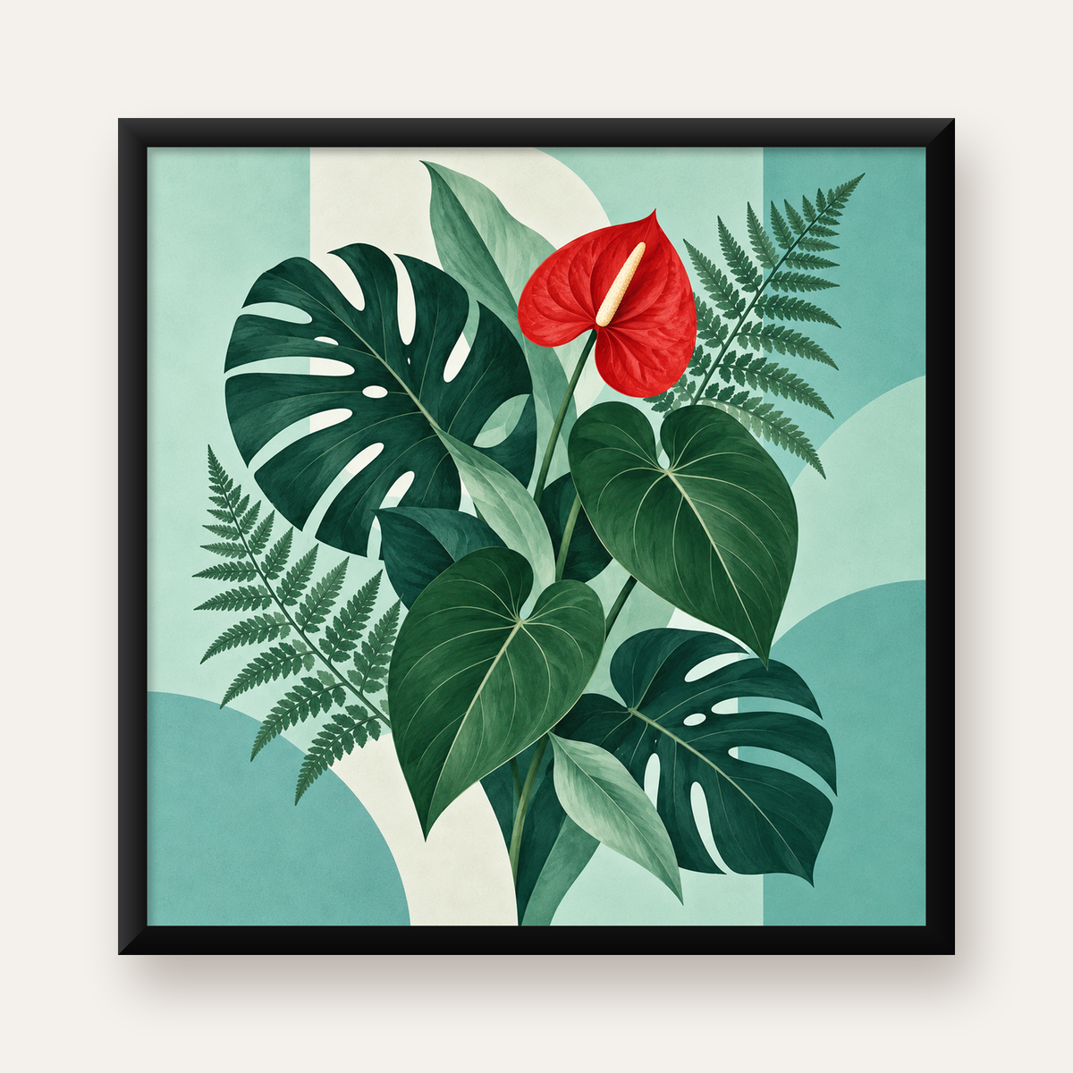 Tropikal Bitkiler ve Kırmızı Anthurium Çiçeği Poster — Kare baskı, düz siyah çerçeveli duvar posteri