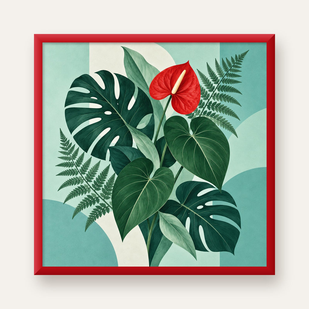 Kırmızı Antoryum ve Monstera Modern Botanik Poster — kırmızı çerçeveli