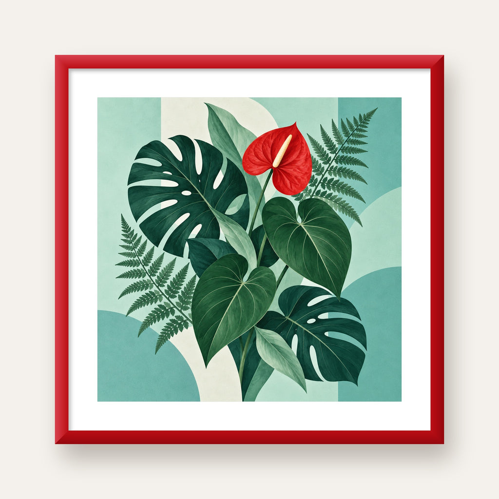 Kırmızı Antoryum ve Monstera Modern Botanik Poster — kırmızı çerçeveli paspartulu