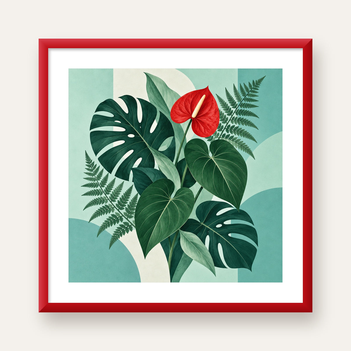 Kırmızı Antoryum ve Monstera Modern Botanik Poster — kırmızı çerçeveli paspartulu