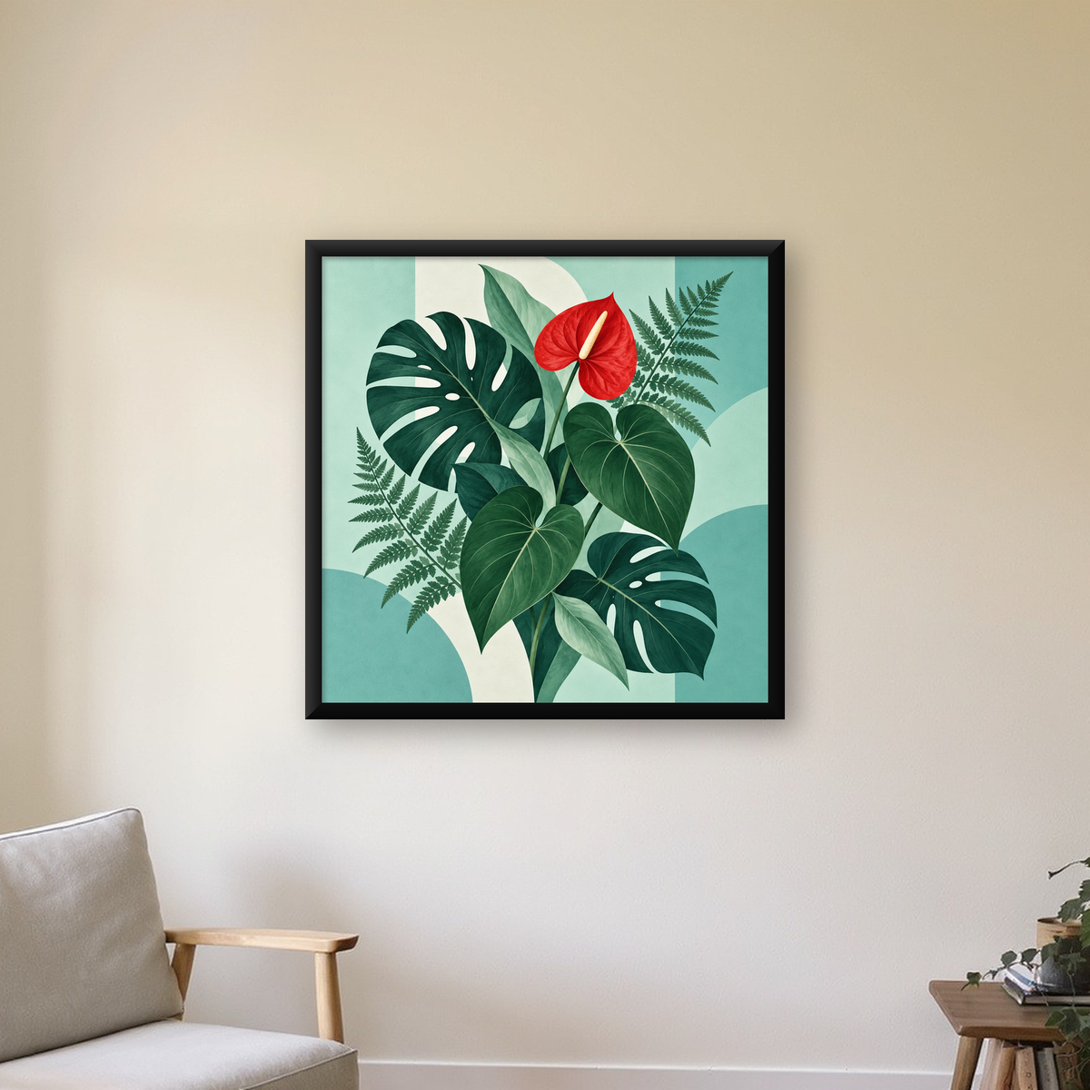 Tropikal Bitkiler ve Kırmızı Anthurium Çiçeği Poster — Kare baskı, çerçeveli hâliyle bir ev duvarında