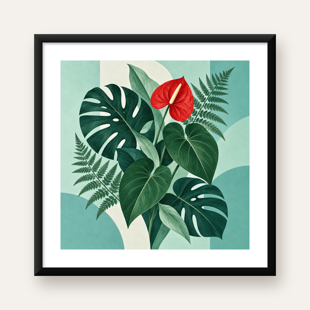 Tropikal Bitkiler ve Kırmızı Anthurium Çiçeği Poster — Kare baskı, beyaz kenar boşluklu
