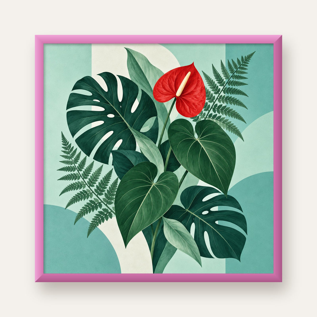 Kırmızı Antoryum ve Monstera Modern Botanik Poster — pembe çerçeveli