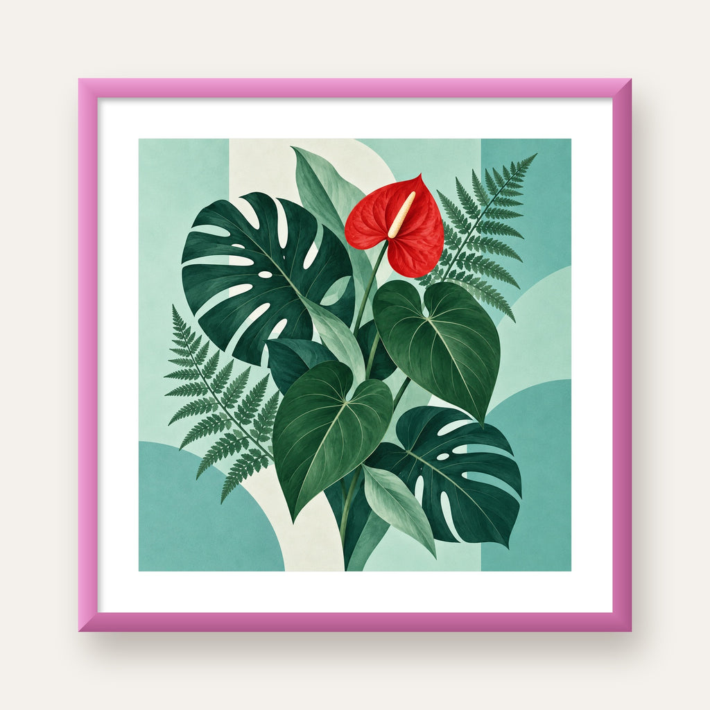 Kırmızı Antoryum ve Monstera Modern Botanik Poster — pembe çerçeveli paspartulu