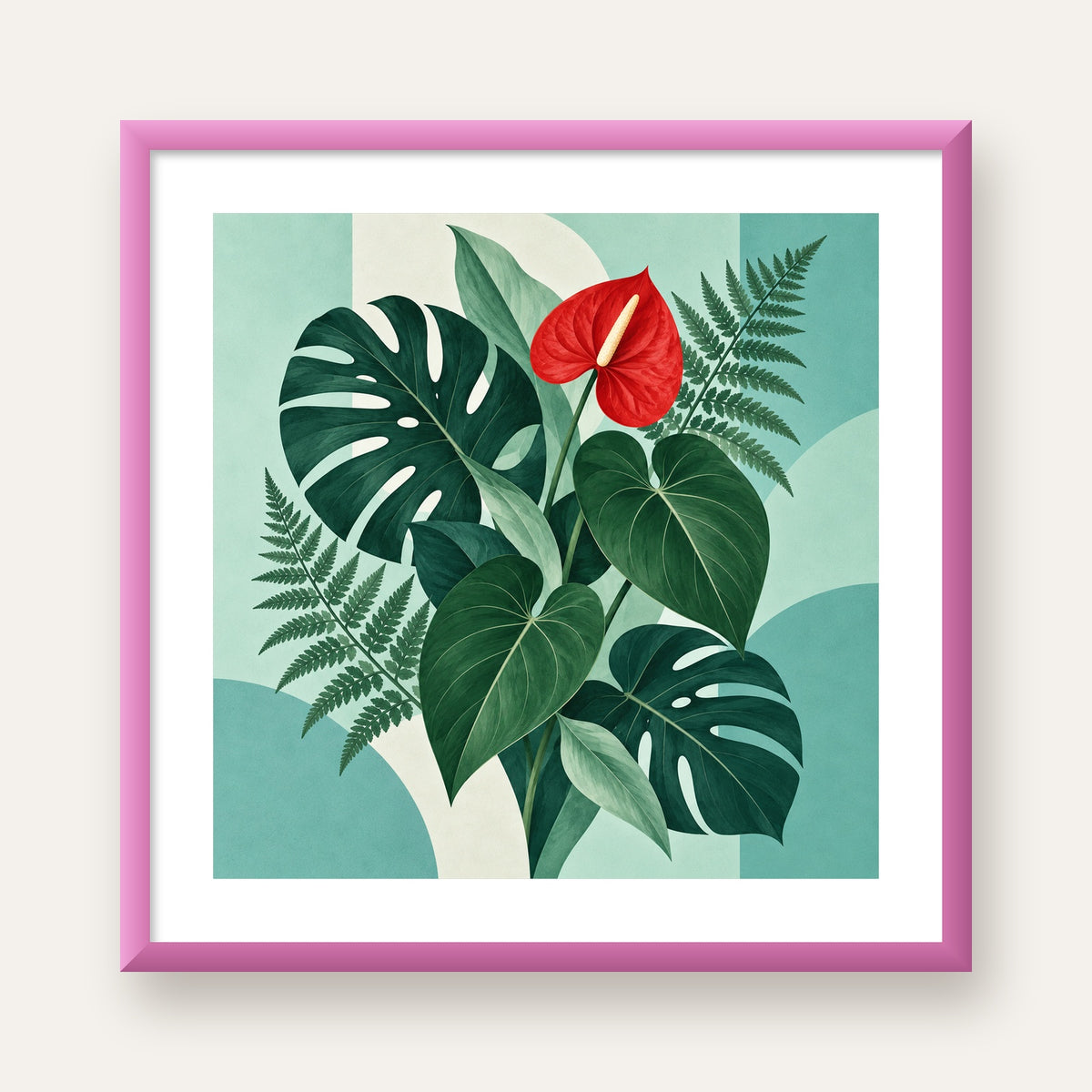 Kırmızı Antoryum ve Monstera Modern Botanik Poster — pembe çerçeveli paspartulu