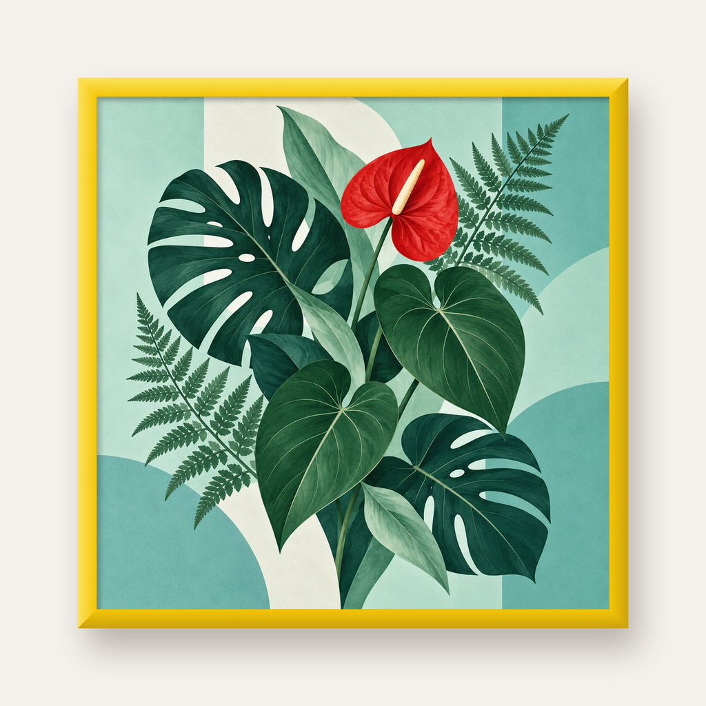Kırmızı Antoryum ve Monstera Modern Botanik Poster — sarı çerçeveli
