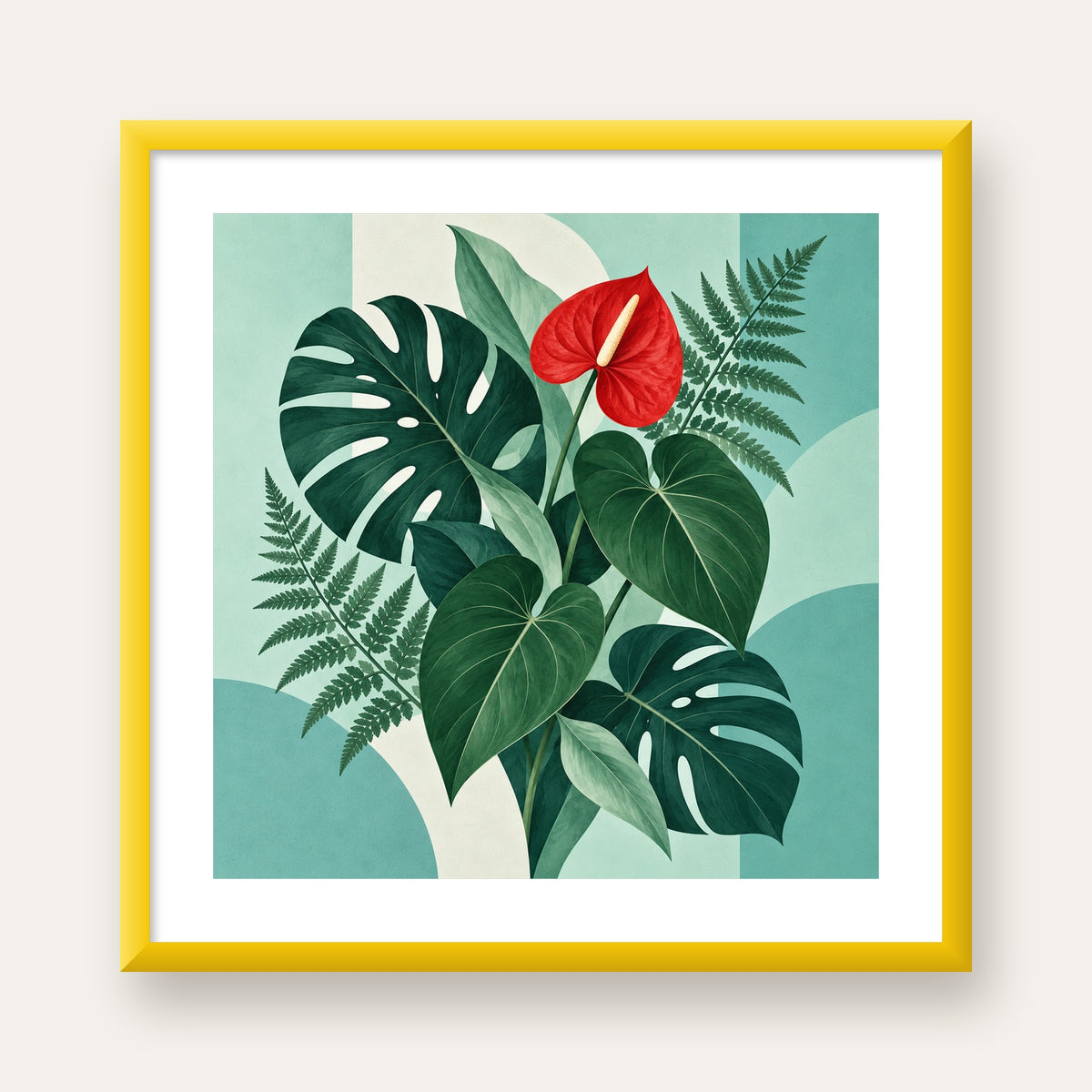 Kırmızı Antoryum ve Monstera Modern Botanik Poster — sarı çerçeveli paspartulu