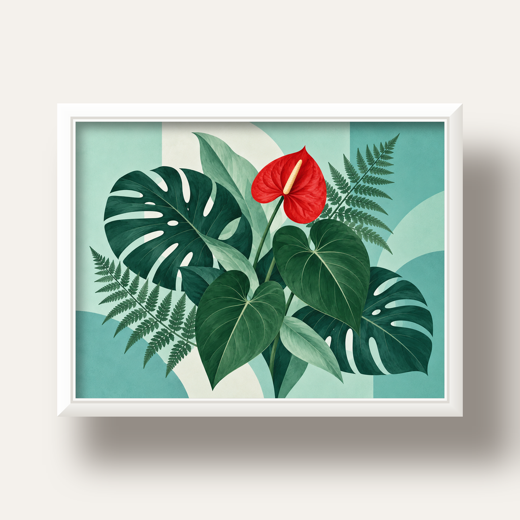 Kırmızı Antoryum ve Monstera Modern Botanik Poster — beyaz derin çerçeveli