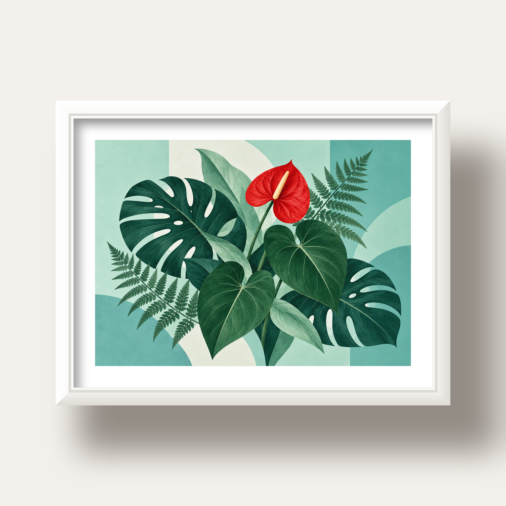 Kırmızı Antoryum ve Monstera Modern Botanik Poster — beyaz derin çerçeveli paspartulu