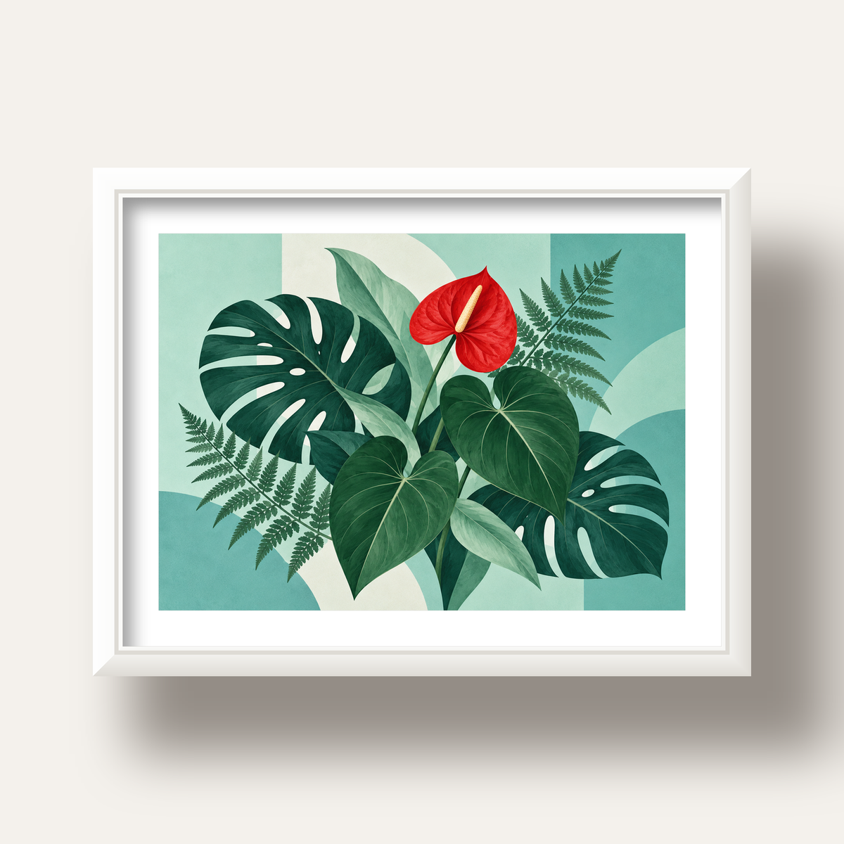 Kırmızı Antoryum ve Monstera Modern Botanik Poster — beyaz derin çerçeveli paspartulu