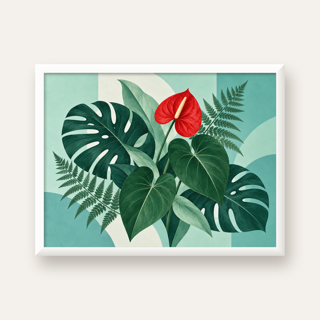 Kırmızı Antoryum ve Monstera Modern Botanik Poster — beyaz çerçeveli yatay poster