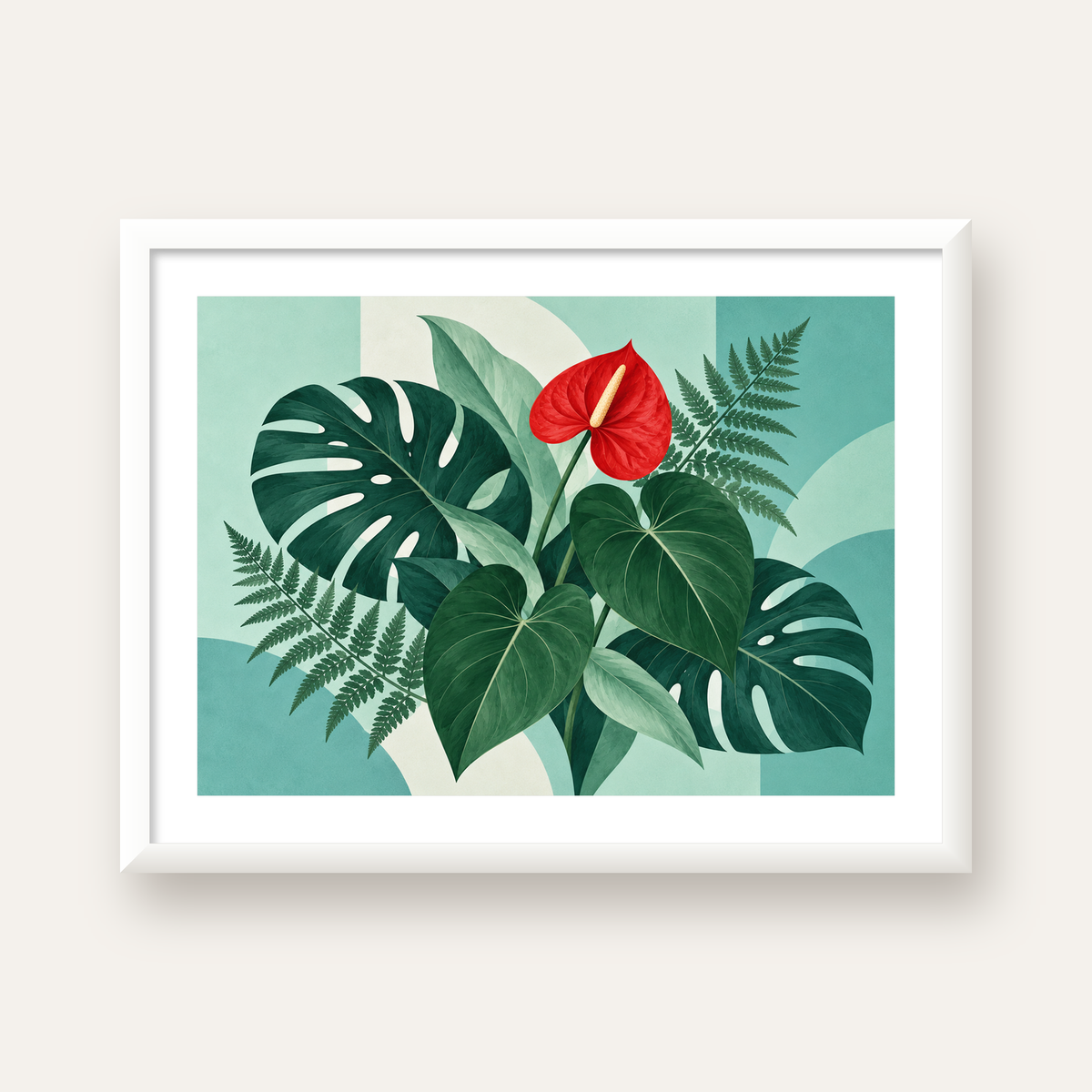 Kırmızı Antoryum ve Monstera Modern Botanik Poster — beyaz çerçeveli yatay poster