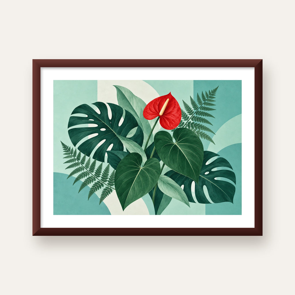Kırmızı Antoryum ve Monstera Modern Botanik Poster — ceviz çerçeveli paspartulu