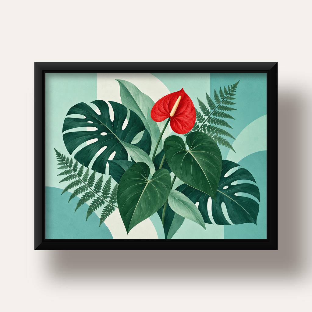 Kırmızı Antoryum ve Monstera Modern Botanik Poster — siyah derin çerçeveli
