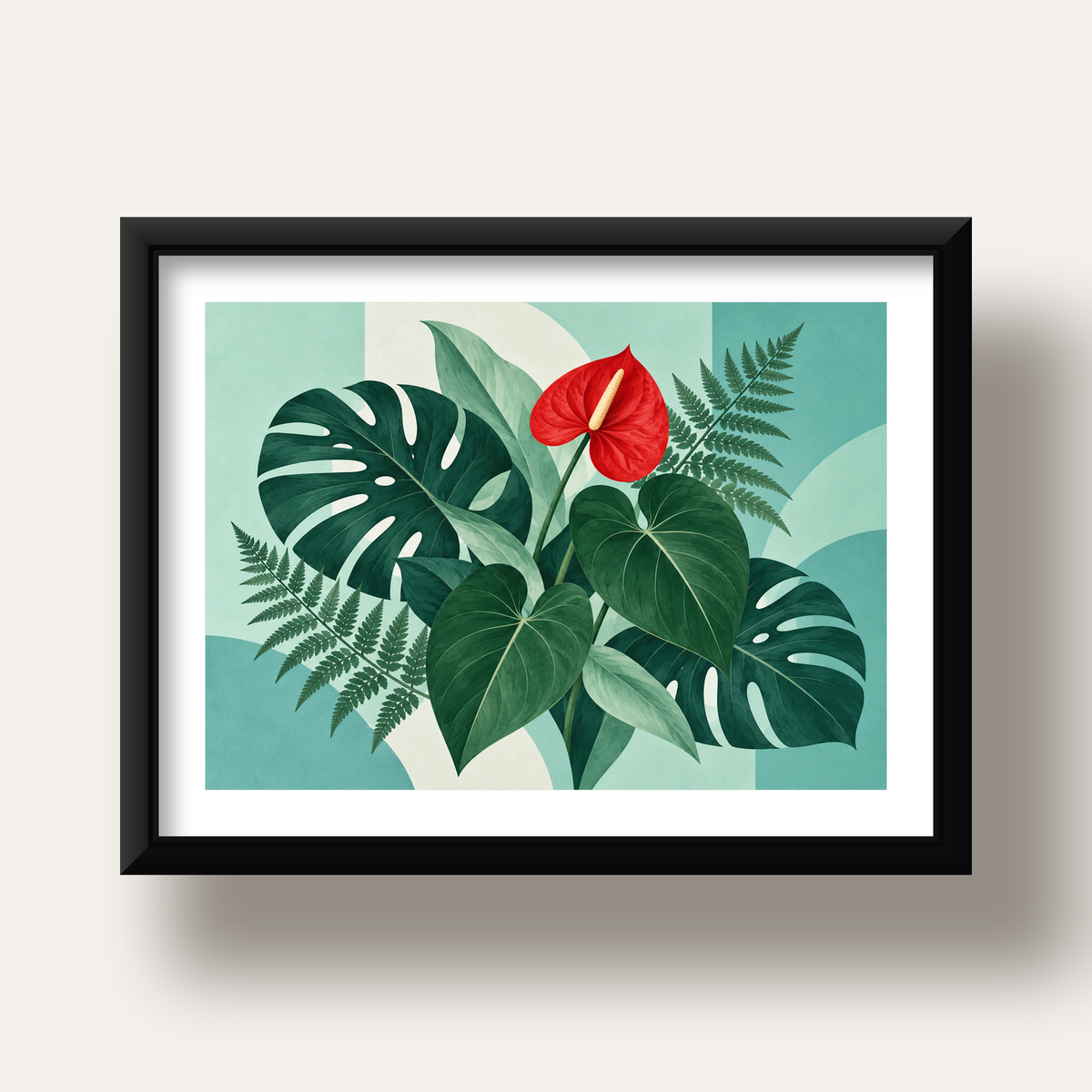 Kırmızı Antoryum ve Monstera Modern Botanik Poster — siyah derin çerçeveli paspartulu