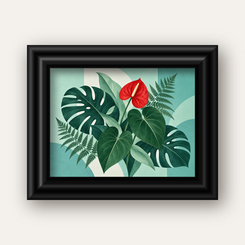 Kırmızı Antoryum ve Monstera Modern Botanik Poster — siyah galeri çerçeveli