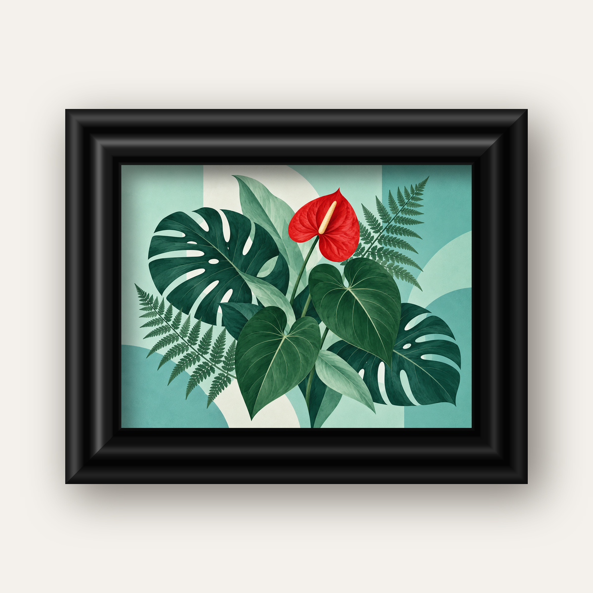 Kırmızı Antoryum ve Monstera Modern Botanik Poster — siyah galeri çerçeveli