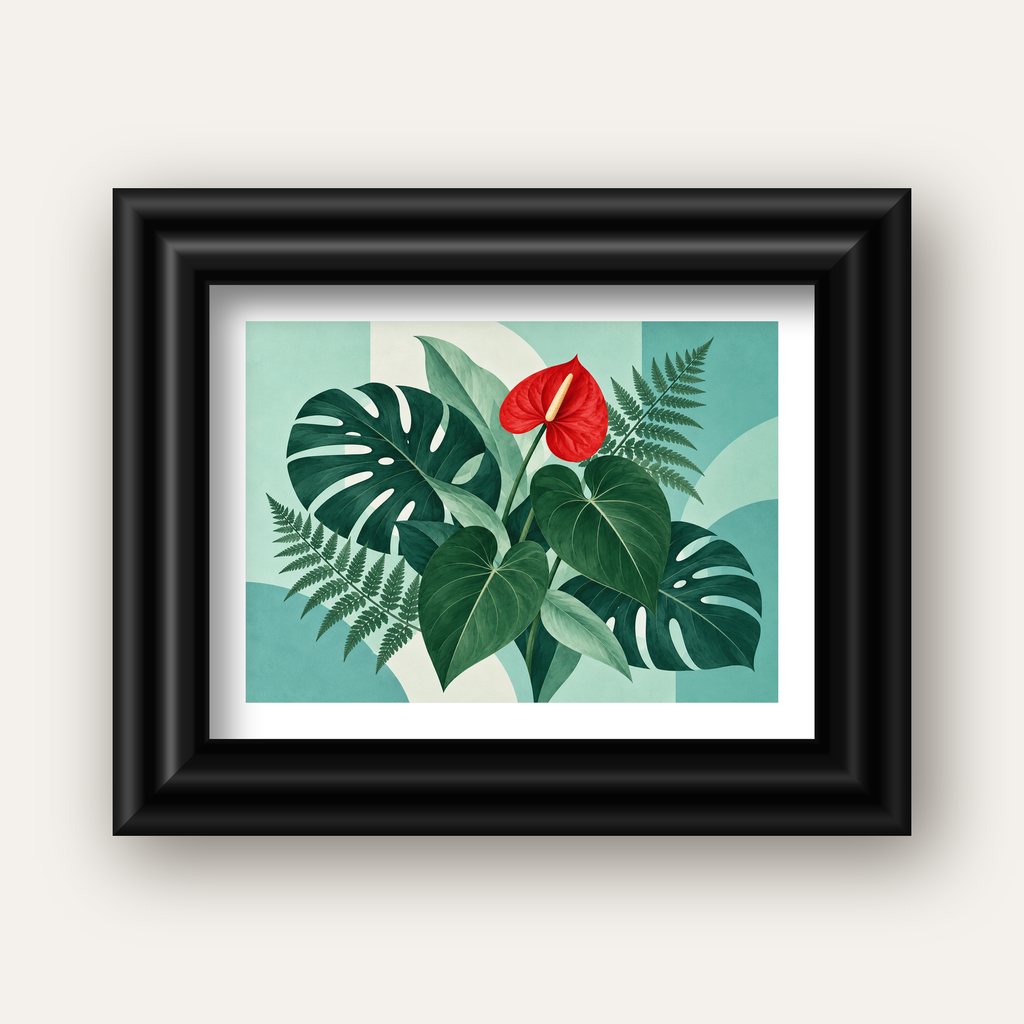 Kırmızı Antoryum ve Monstera Modern Botanik Poster — siyah galeri çerçeveli paspartulu