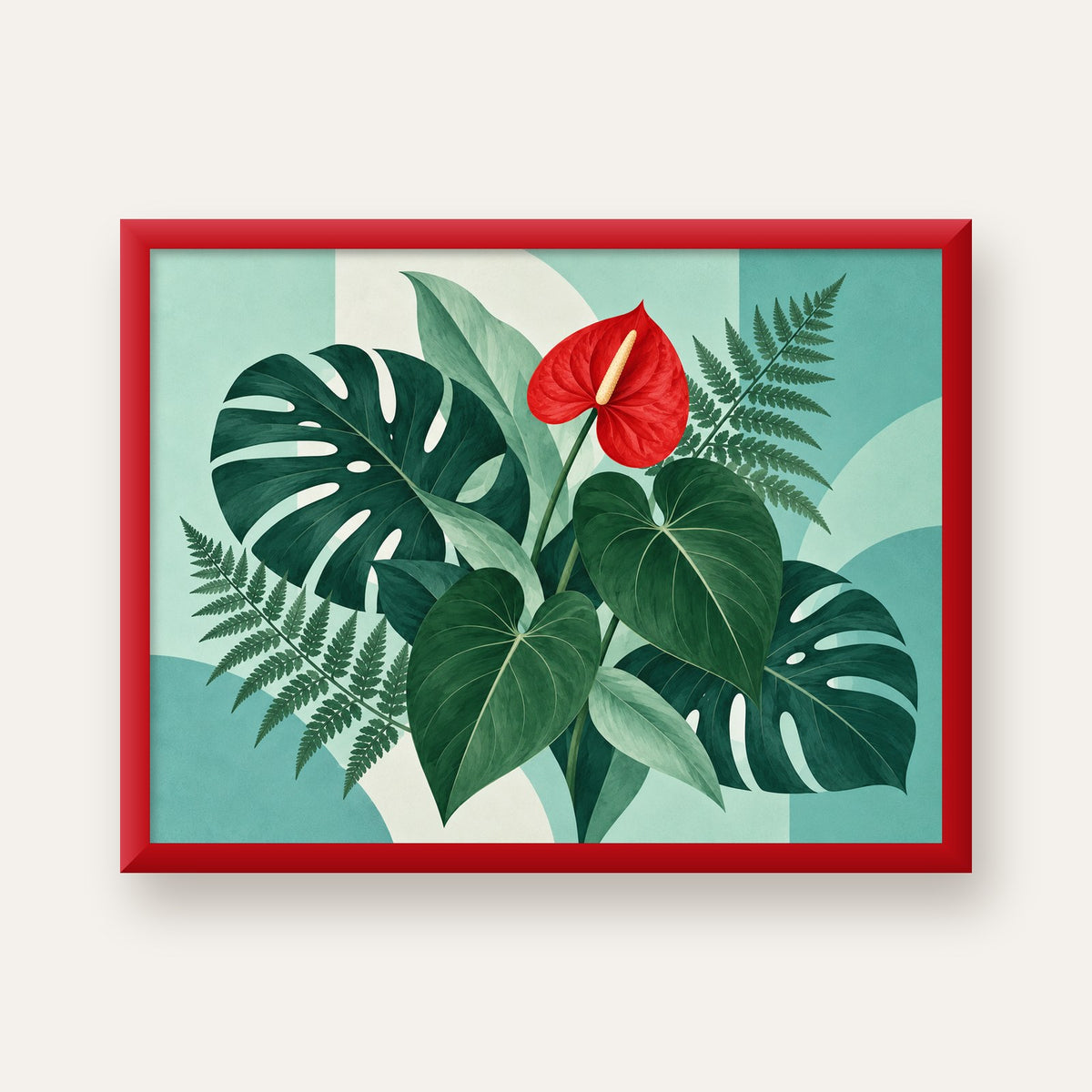 Kırmızı Antoryum ve Monstera Modern Botanik Poster — kırmızı çerçeveli