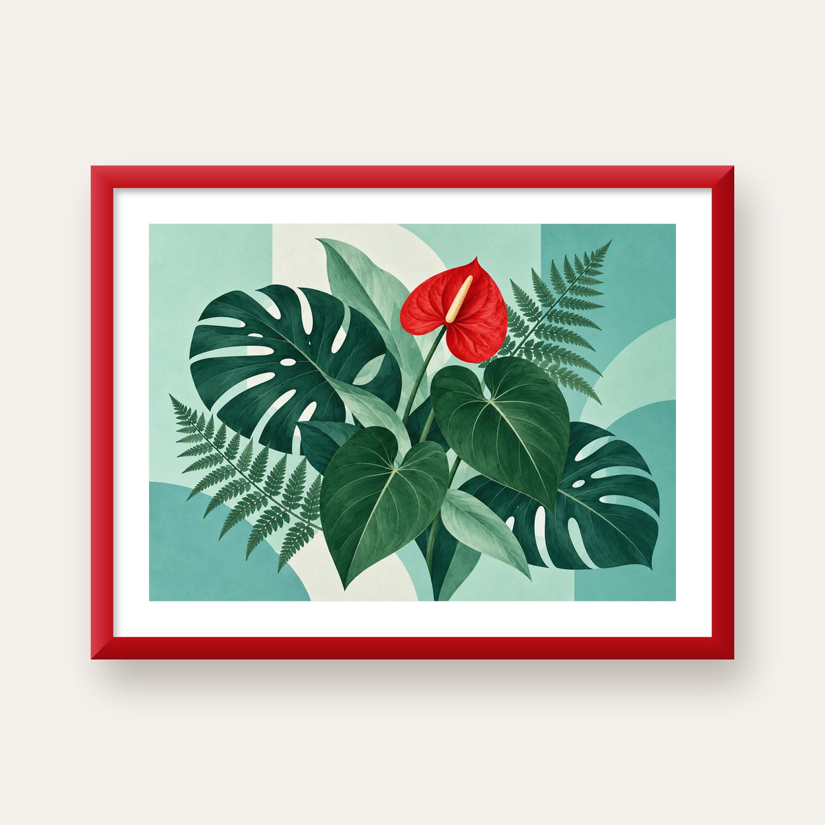 Kırmızı Antoryum ve Monstera Modern Botanik Poster — kırmızı çerçeveli paspartulu