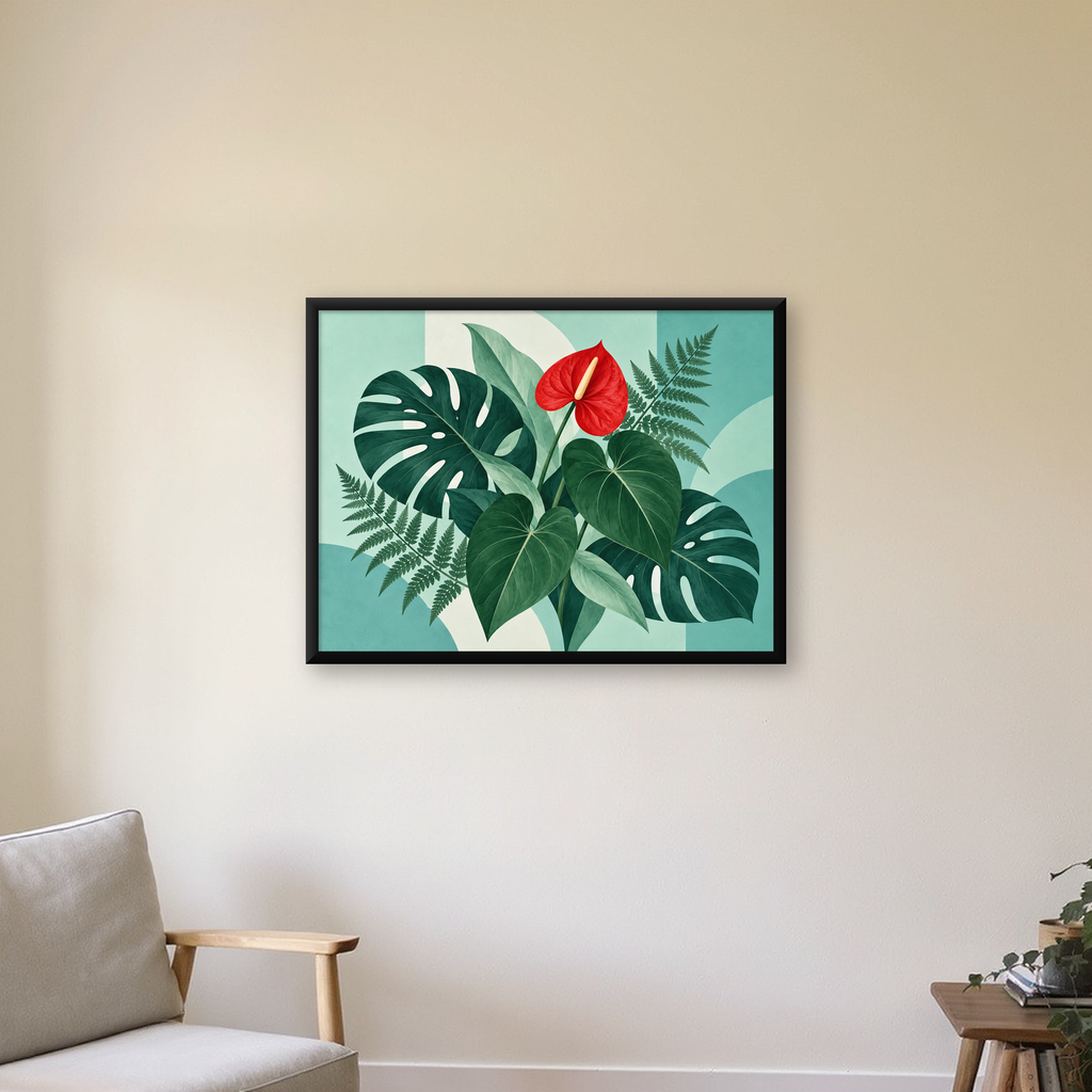Tropikal Bitkiler ve Kırmızı Anthurium Çiçeği Poster — Yatay baskı, çerçeveli hâliyle bir ev duvarında