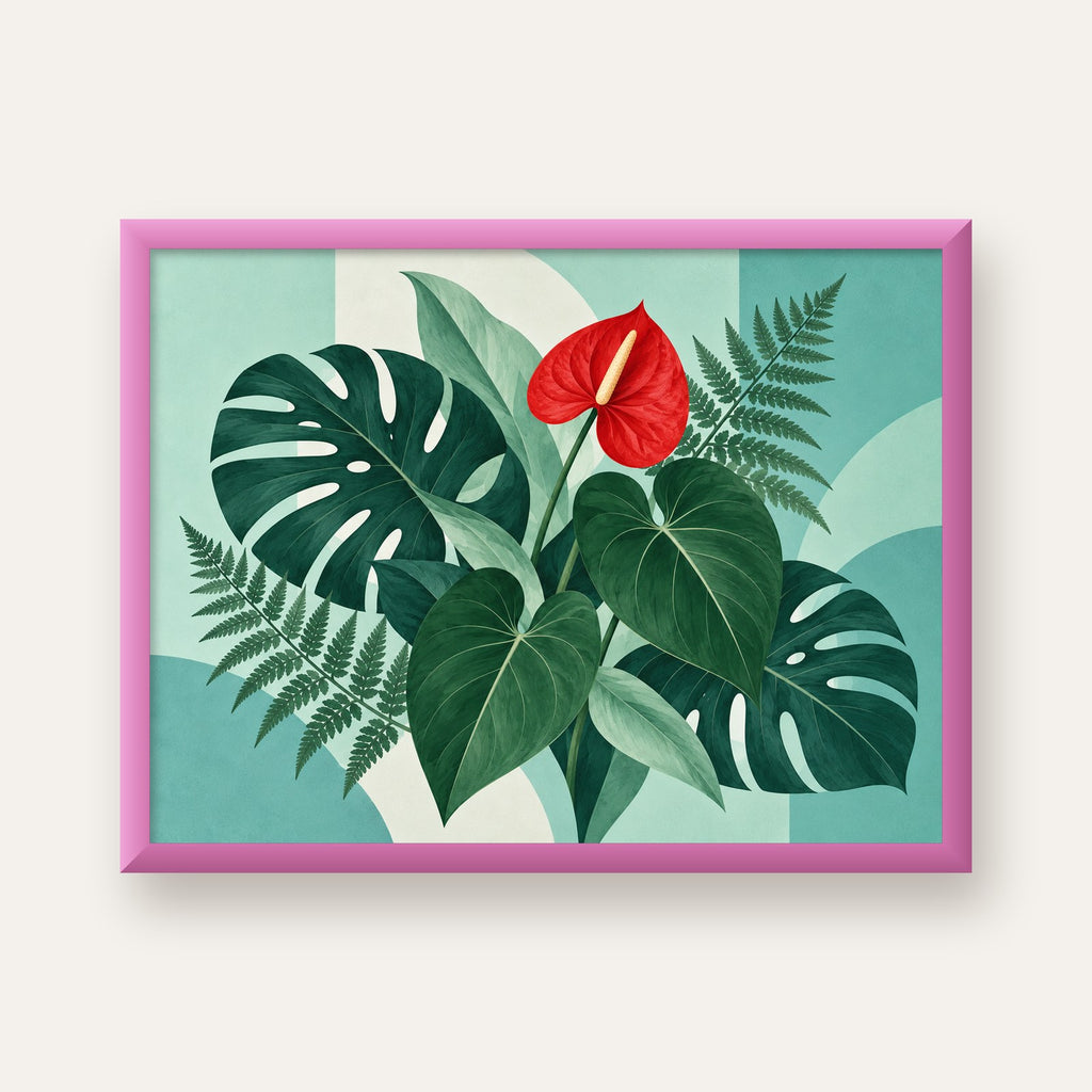 Kırmızı Antoryum ve Monstera Modern Botanik Poster — pembe çerçeveli