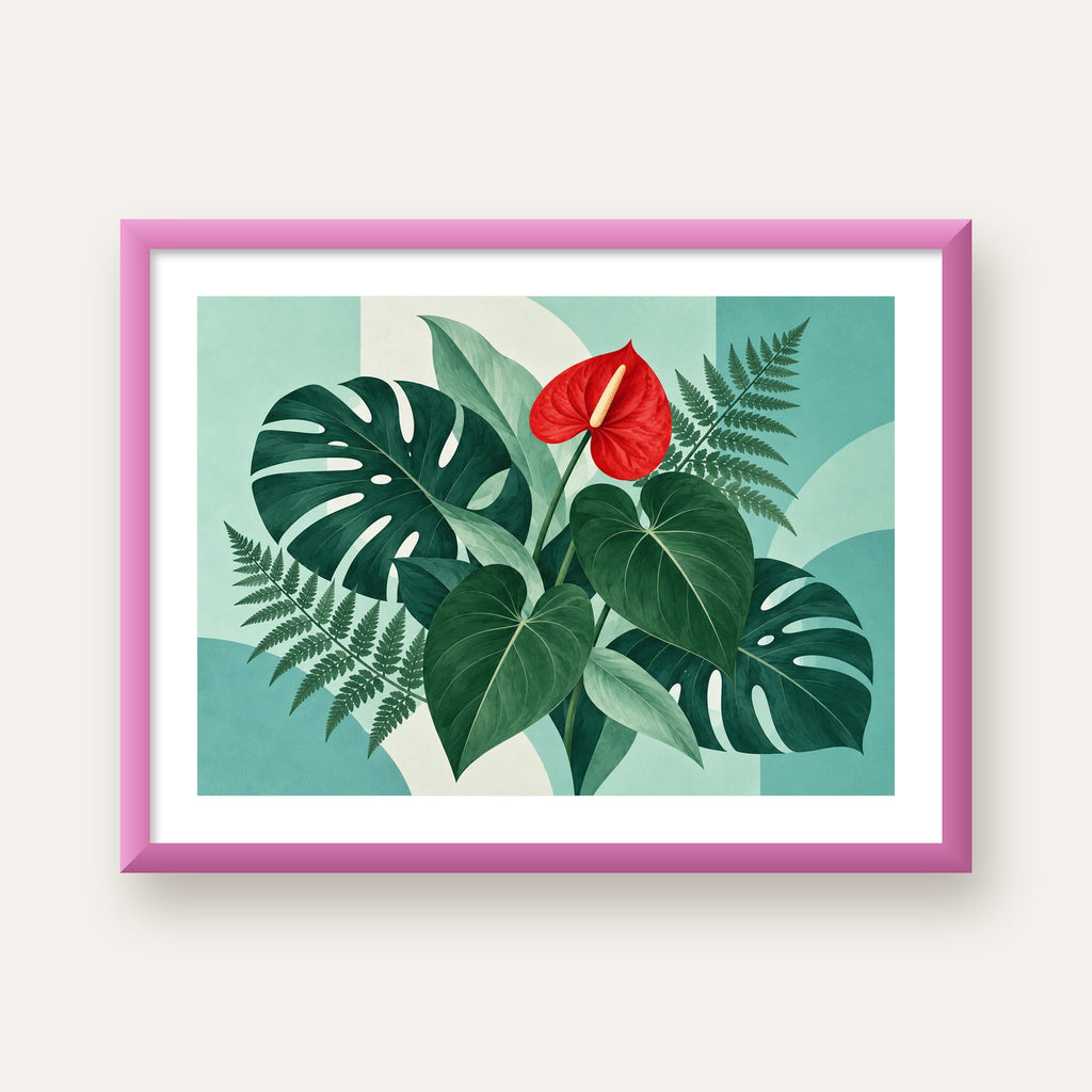 Kırmızı Antoryum ve Monstera Modern Botanik Poster — pembe çerçeveli paspartulu