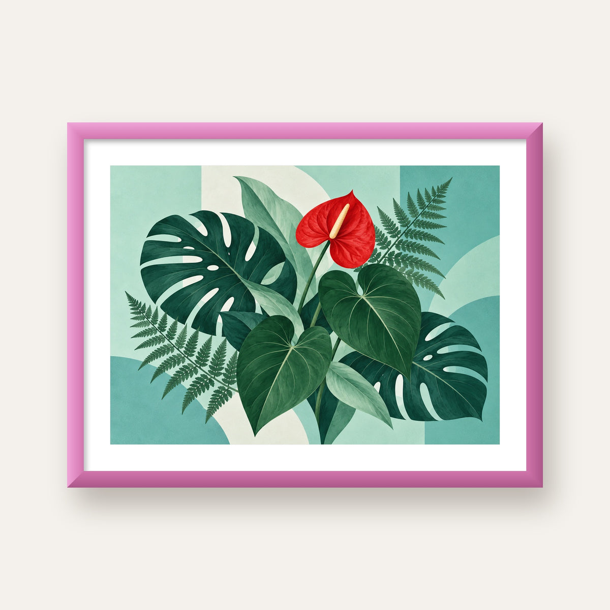 Kırmızı Antoryum ve Monstera Modern Botanik Poster — pembe çerçeveli paspartulu