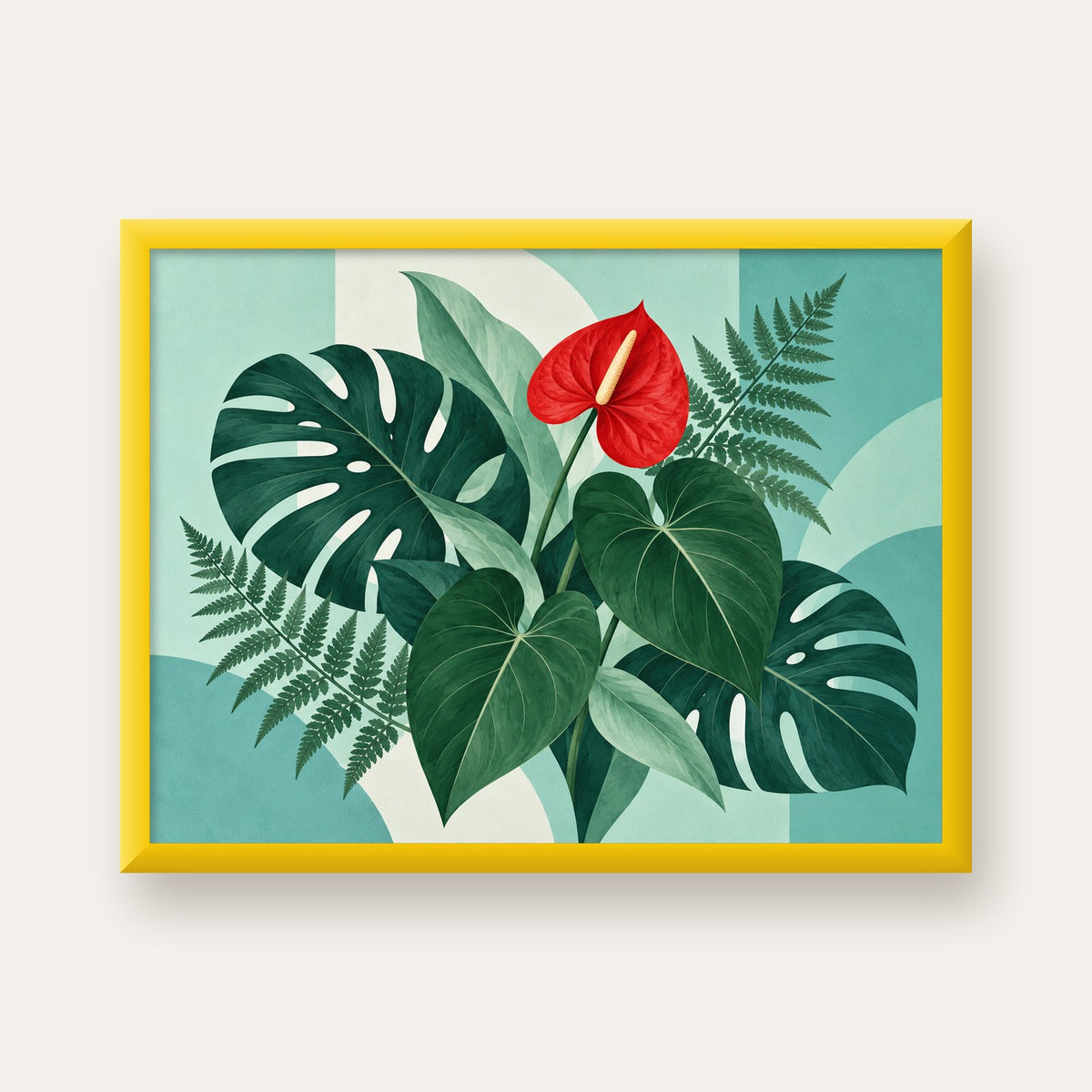Kırmızı Antoryum ve Monstera Modern Botanik Poster — sarı çerçeveli
