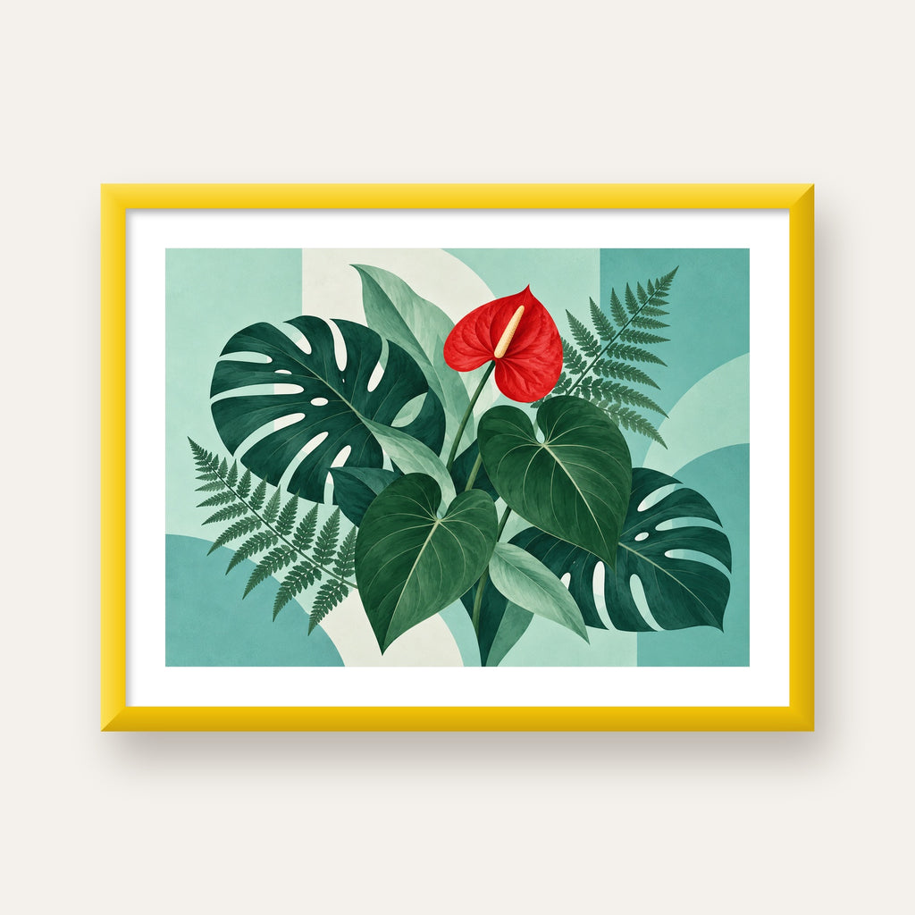 Kırmızı Antoryum ve Monstera Modern Botanik Poster — sarı çerçeveli paspartulu
