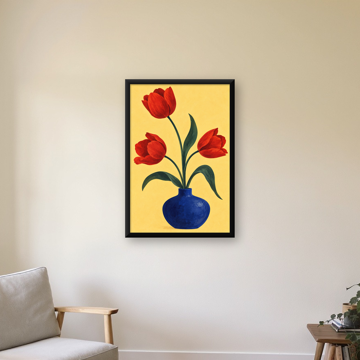 Kırmızı Lale ve Mavi Vazo Modern Dijital Duvar Posteri