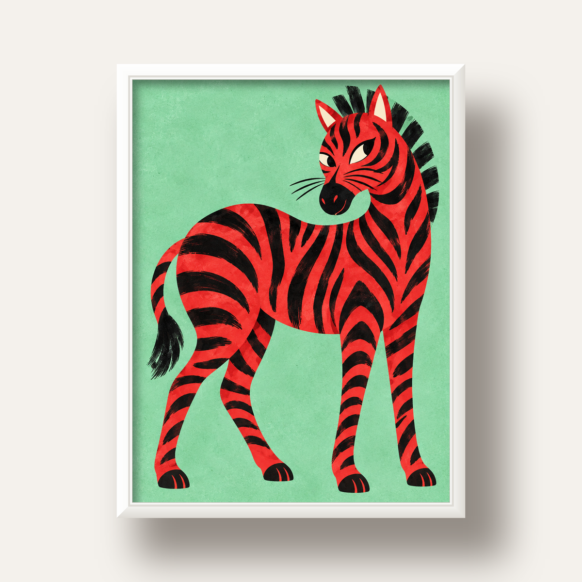 Kırmızı Siyah Çizgili Zebra Dijital Poster – Modern Hayvan İllüstrasyonu — beyaz derin çerçeveli