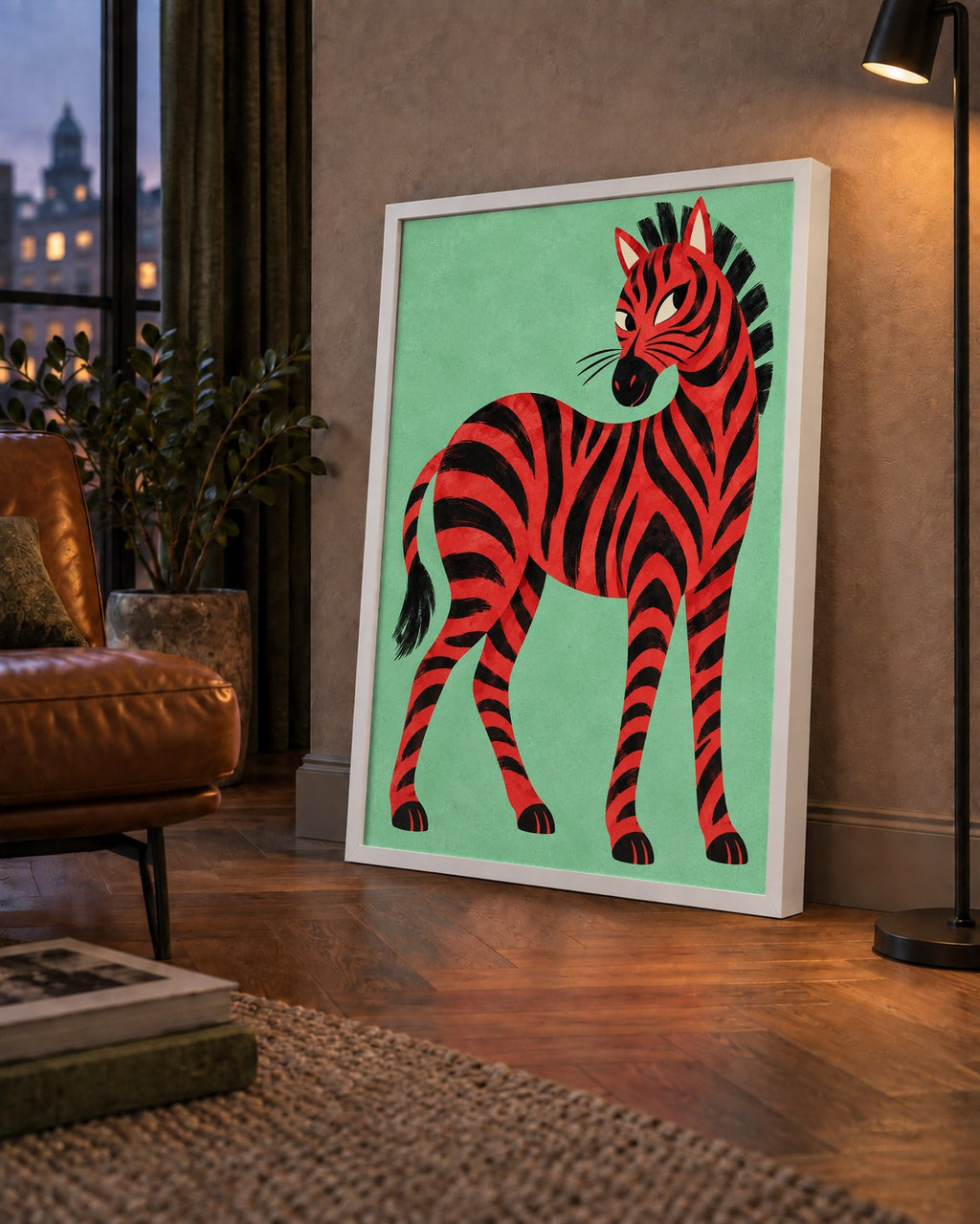 Kırmızı Siyah Çizgili Zebra Dijital Poster – Modern Hayvan İllüstrasyonu — çerçeveli hâliyle bir ev duvarında