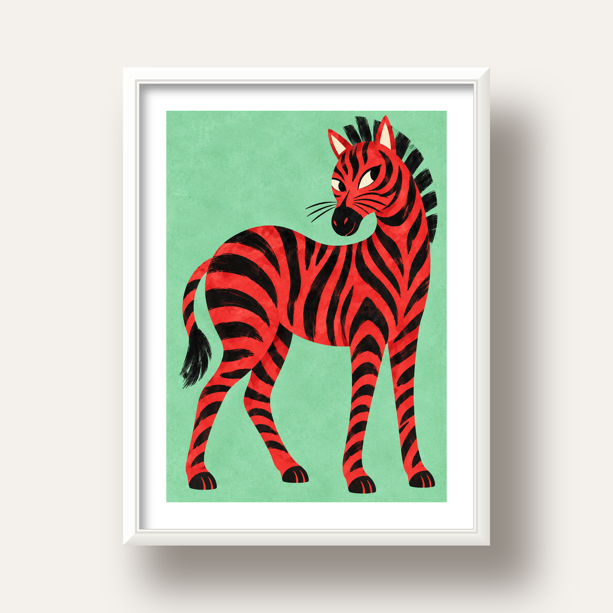 Kırmızı Siyah Çizgili Zebra Dijital Poster – Modern Hayvan İllüstrasyonu — beyaz derin çerçeveli paspartulu