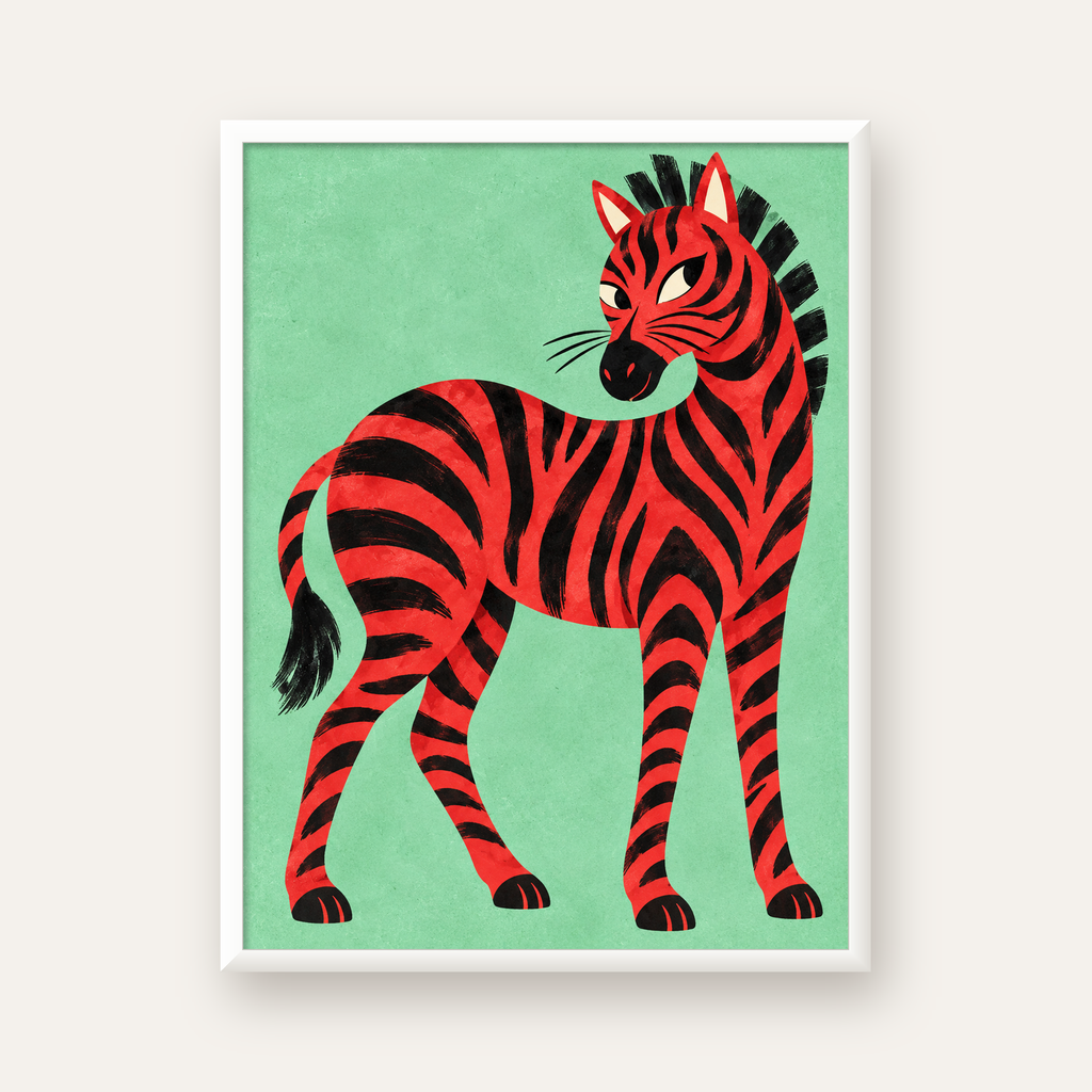 Kırmızı Siyah Çizgili Zebra Dijital Poster – Modern Hayvan İllüstrasyonu — beyaz çerçeveli dikey poster