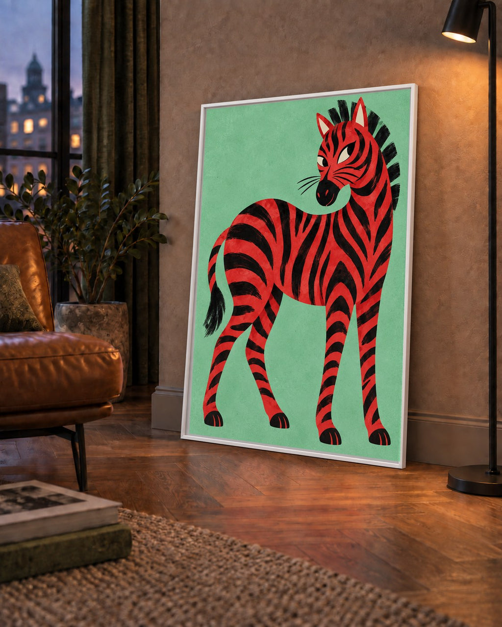 Kırmızı Siyah Çizgili Zebra Dijital Poster – Modern Hayvan İllüstrasyonu — çerçeveli hâliyle bir ev duvarında