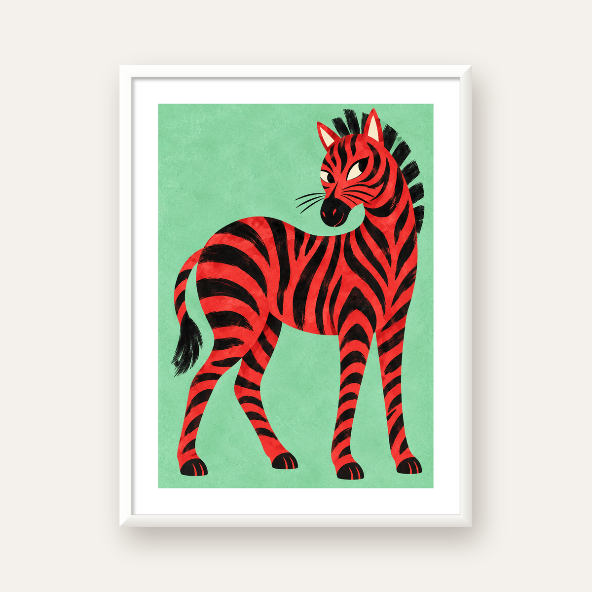 Kırmızı Siyah Çizgili Zebra Dijital Poster – Modern Hayvan İllüstrasyonu — beyaz çerçeveli dikey poster