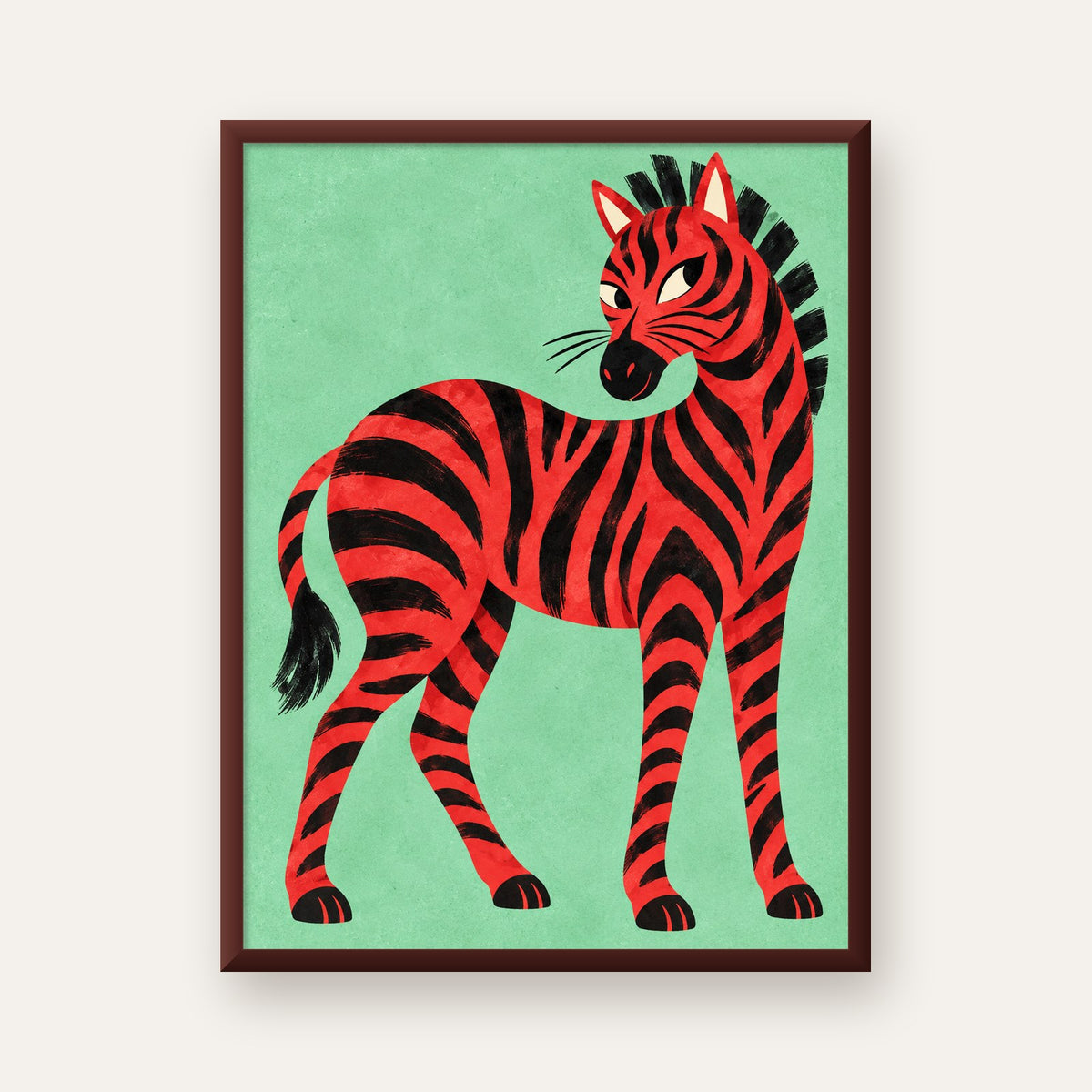 Kırmızı Siyah Çizgili Zebra Dijital Poster – Modern Hayvan İllüstrasyonu — ceviz çerçeveli