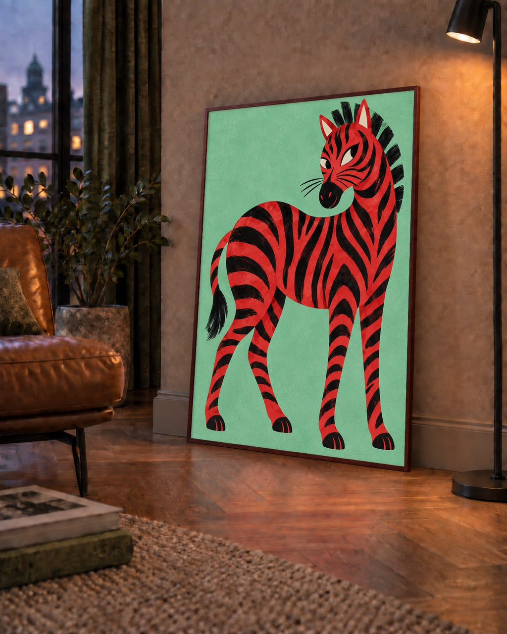 Kırmızı Siyah Çizgili Zebra Dijital Poster – Modern Hayvan İllüstrasyonu — çerçeveli hâliyle bir ev duvarında