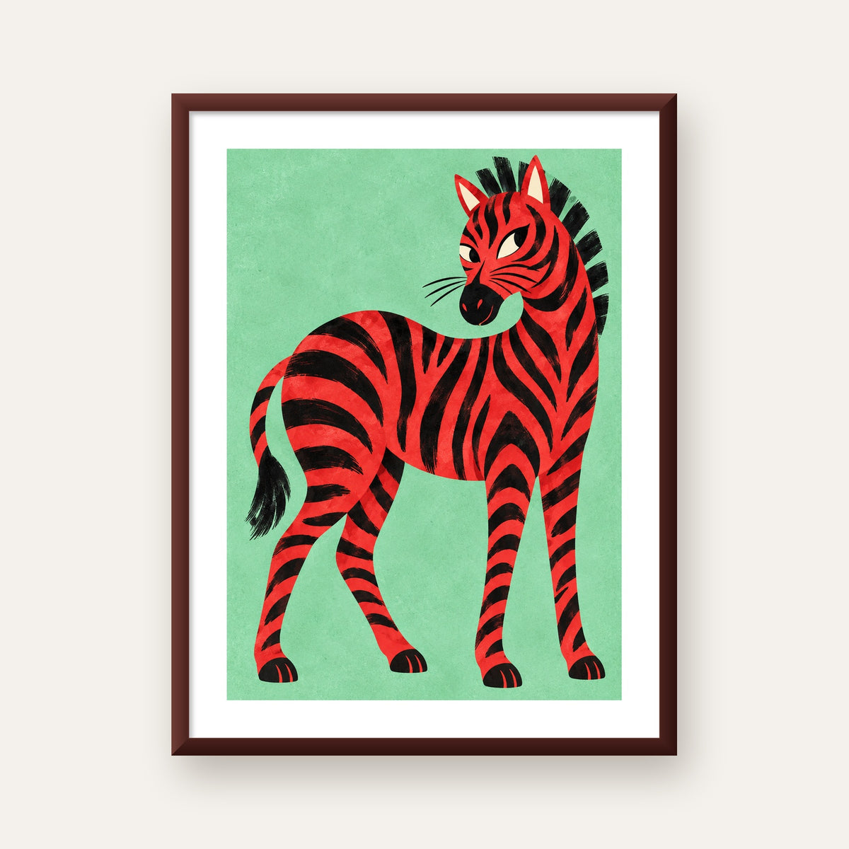 Kırmızı Siyah Çizgili Zebra Dijital Poster – Modern Hayvan İllüstrasyonu — ceviz çerçeveli paspartulu