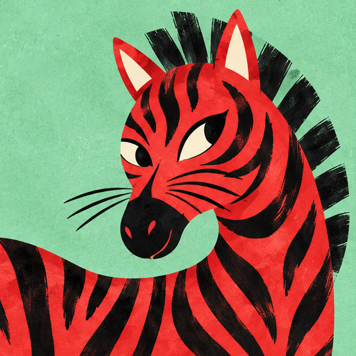 Kırmızı Siyah Çizgili Zebra Dijital Poster – Modern Hayvan İllüstrasyonu — baskının yakın çekimi, kâğıt dokusu ve renk detayı