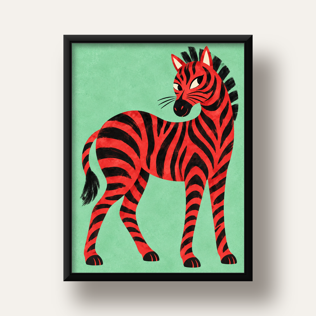 Kırmızı Siyah Çizgili Zebra Dijital Poster – Modern Hayvan İllüstrasyonu — siyah derin çerçeveli