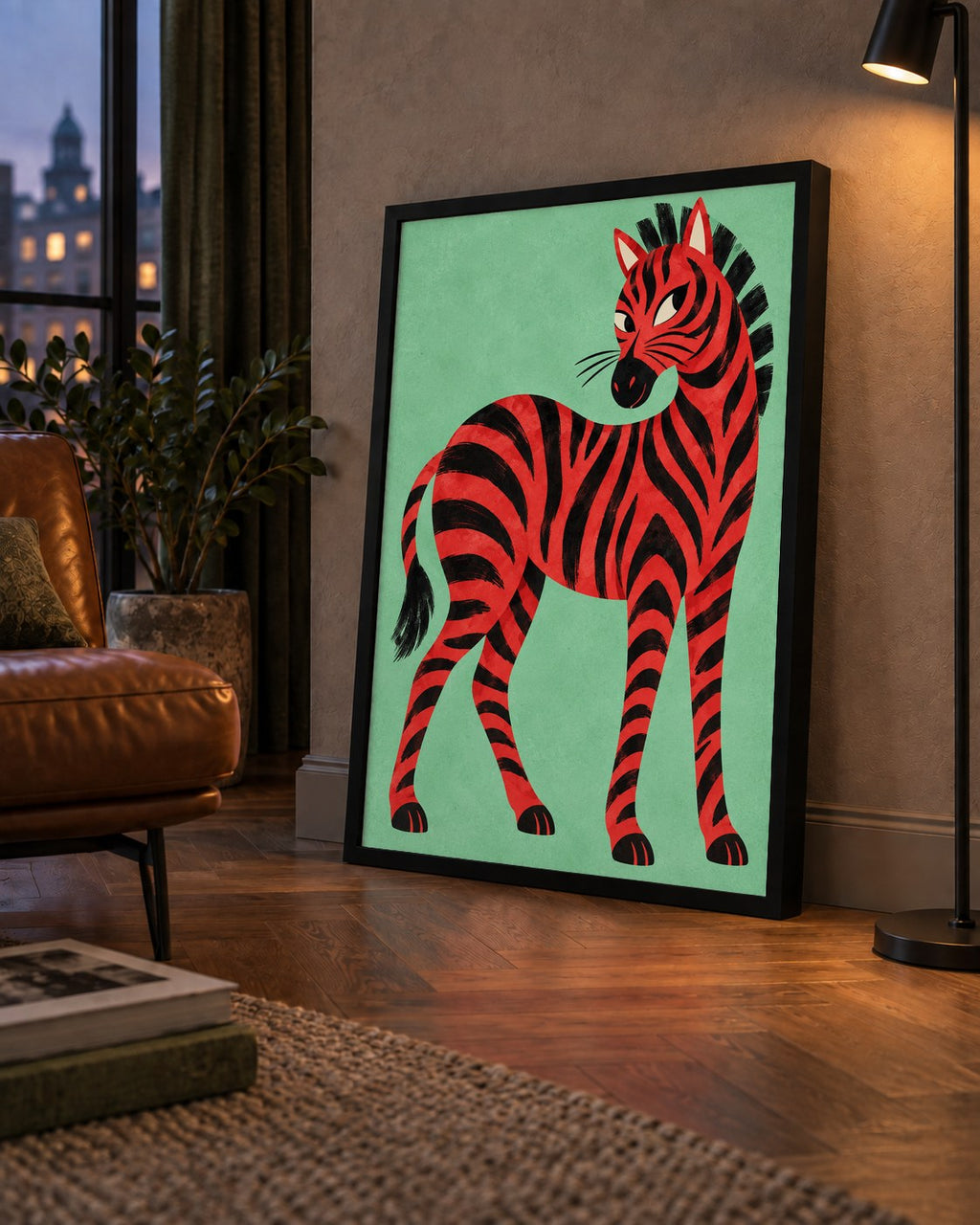 Kırmızı Siyah Çizgili Zebra Dijital Poster – Modern Hayvan İllüstrasyonu — çerçeveli hâliyle bir ev duvarında
