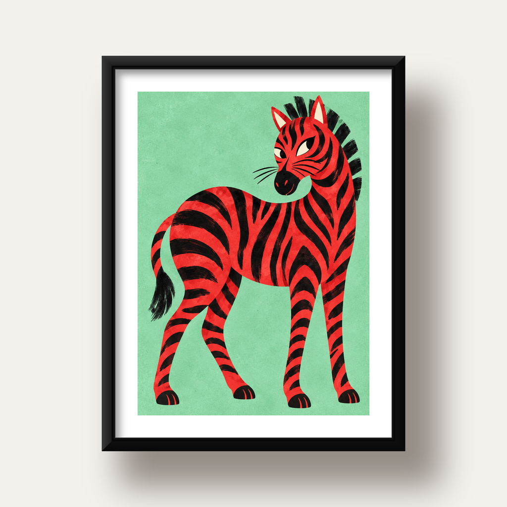 Kırmızı Siyah Çizgili Zebra Dijital Poster – Modern Hayvan İllüstrasyonu — siyah derin çerçeveli paspartulu
