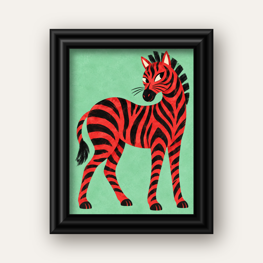 Kırmızı Siyah Çizgili Zebra Dijital Poster – Modern Hayvan İllüstrasyonu — siyah galeri çerçeveli