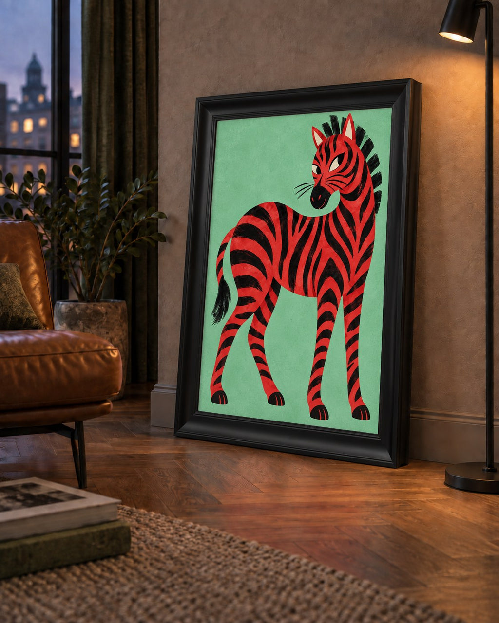 Kırmızı Siyah Çizgili Zebra Dijital Poster – Modern Hayvan İllüstrasyonu — çerçeveli hâliyle bir ev duvarında