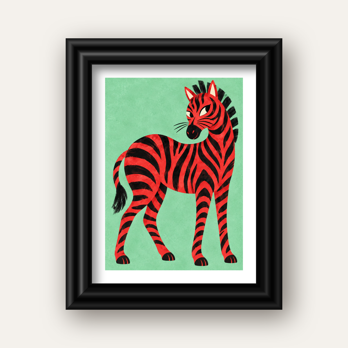 Kırmızı Siyah Çizgili Zebra Dijital Poster – Modern Hayvan İllüstrasyonu — siyah galeri çerçeveli paspartulu